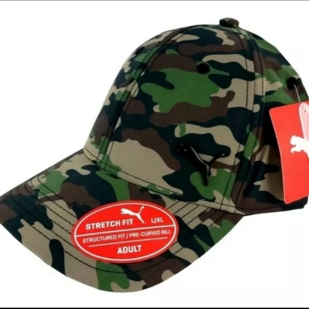 Puma Mens Baseball Cap Camo Stretch Fit Pre Curved L/XL Structured Fit New - Picture 1 of 9